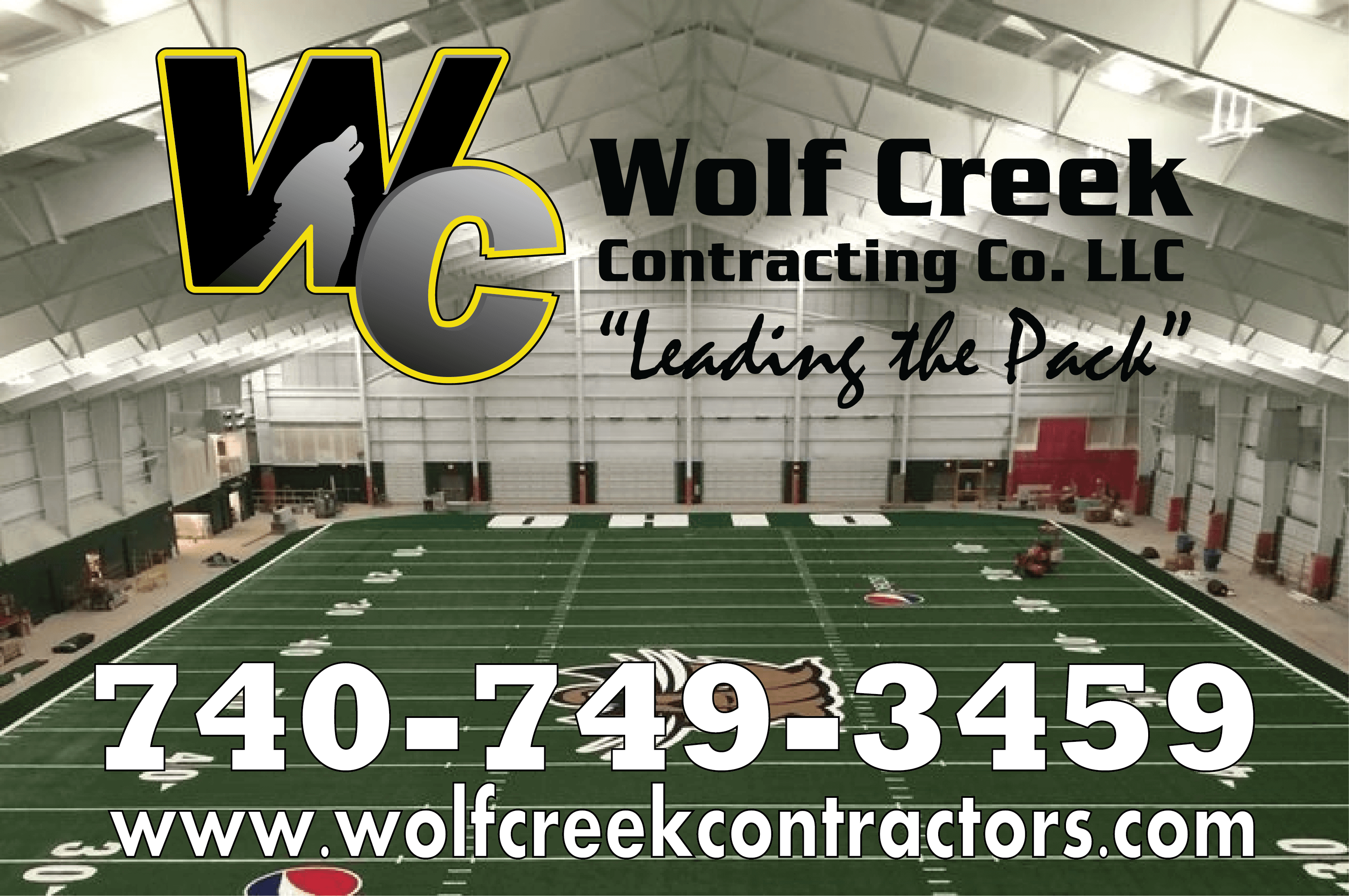 Wolf Creek Contracting logo over a football field